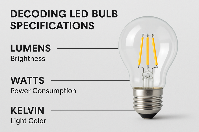 A graphic explaining LED bulb parameters like lumens, watts, and kelvin