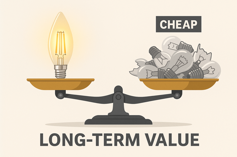A scale balancing a single high-quality LED candelabra bulb against a pile of cheap, broken bulbs, illustrating the concept of long-term value