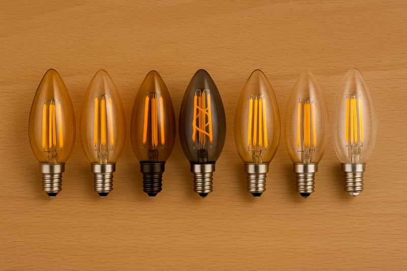 An assortment of LED candelabra bulbs displayed neatly
