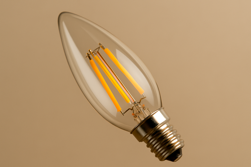 A close-up of a high-quality LED candelabra bulb with a visible filament, showcasing its intricate design and warm glow