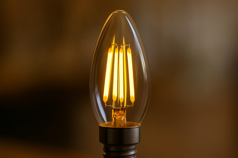A close-up shot of an LED candelabra bulb showing its filament design