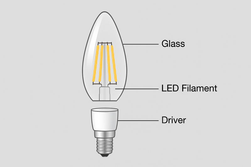 An exploded view of an LED candelabra bulb, with labels pointing to the LED chips, the internal driver, and the glass envelope.