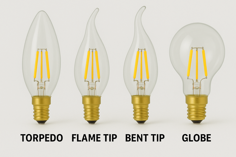 A collage of different candelabra bulb shapes: torpedo, flame tip, bent tip, and globe, all with E12/E14 bases