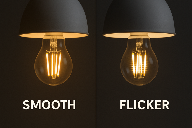 An animation or GIF showing a bulb dimming smoothly versus another bulb that flickers and strobes as it dims