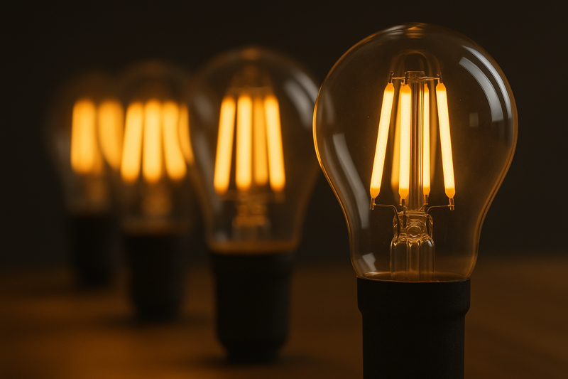 A row of lit LED filament bulbs, showcasing their longevity and durability.