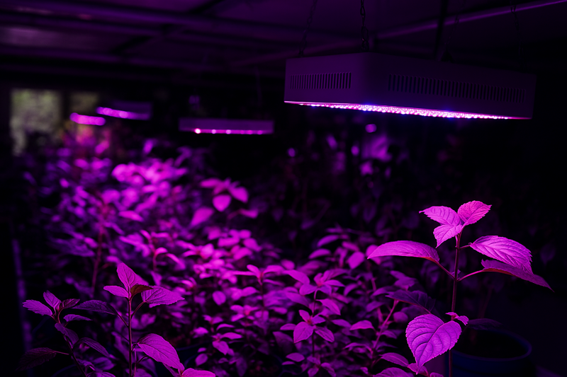 A lush indoor garden with plants growing under the glow of purple LED lights.