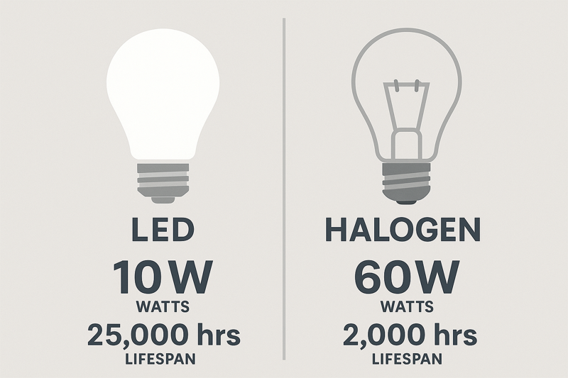 A simple infographic comparing the energy consumption and lifespan of an LED bulb versus a traditional halogen bulb.