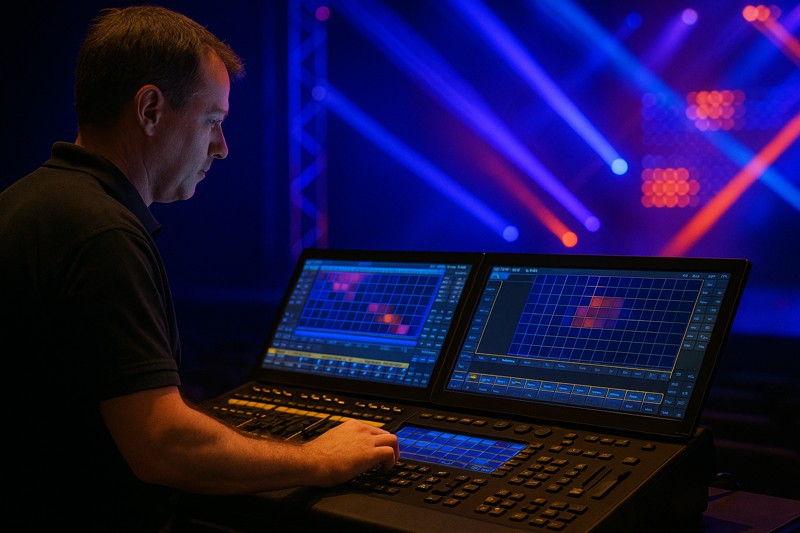 A lighting technician programming a complex sequence on a control board, with LED lights on stage responding instantly.