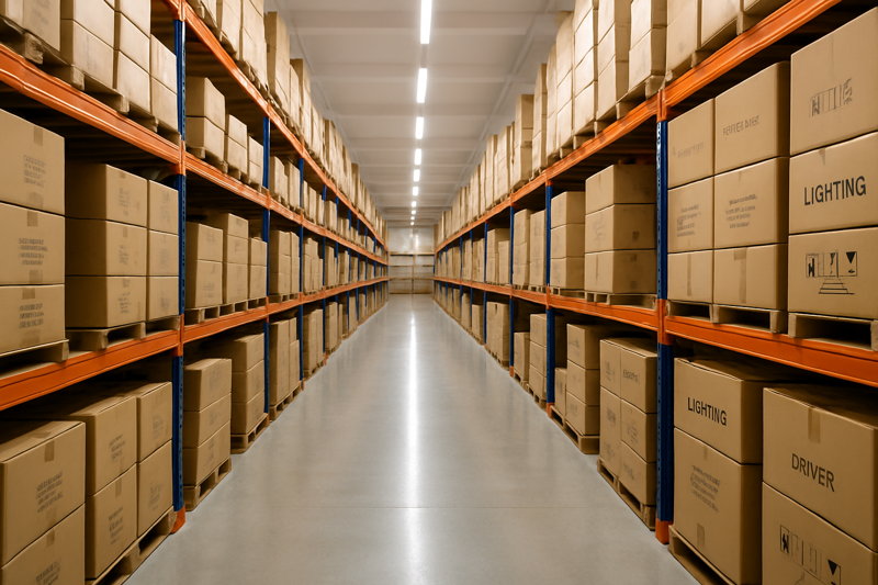 A well-lit warehouse aisle stacked with boxes of lighting products