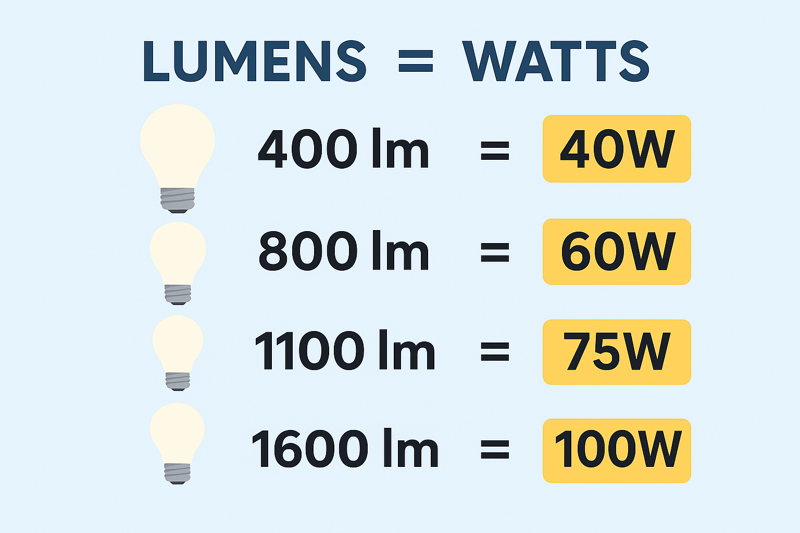 A simple, clear graphic comparing the lumen output of LED bulbs to the old wattage system for incandescent bulbs, showing how a 10W LED can equal a 60W incandescent.