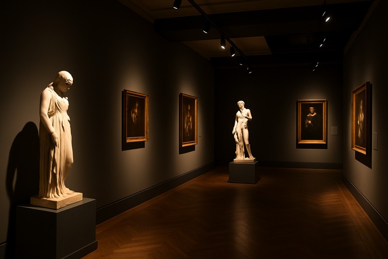 A beautifully lit museum gallery where spotlights precisely illuminate individual sculptures and paintings