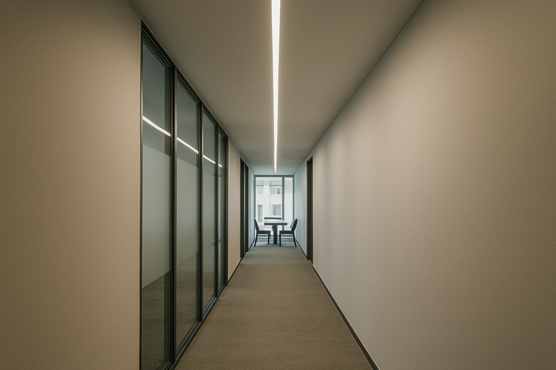 A modern office corridor where recessed linear LED fixtures in the ceiling create a strong visual line, guiding the eye and foot traffic directly towards a collaborative meeting area at the end of the hall.