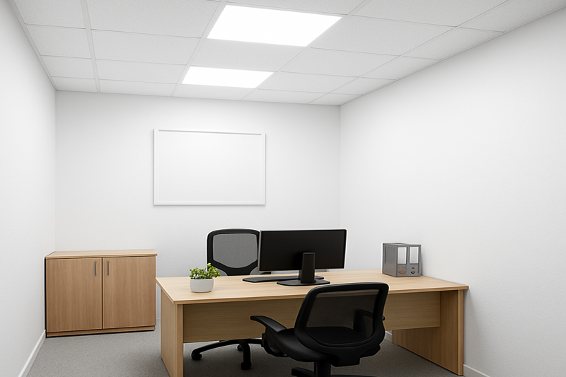 A small, previously cramped office now bathed in bright, even light from LED panels, with a focus on lighting the walls, making the space feel open, airy, and much larger than it is.