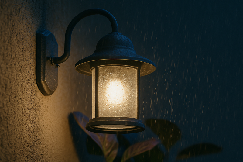 An outdoor-rated lamp shown working perfectly in a damp, rainy condition.