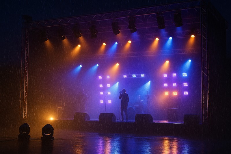 An outdoor concert stage in the rain, with IP-rated LED fixtures continuing to perform flawlessly.