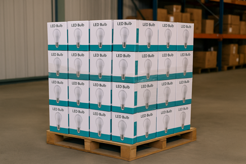 A pallet of boxed LED bulbs in a warehouse, ready for shipping.