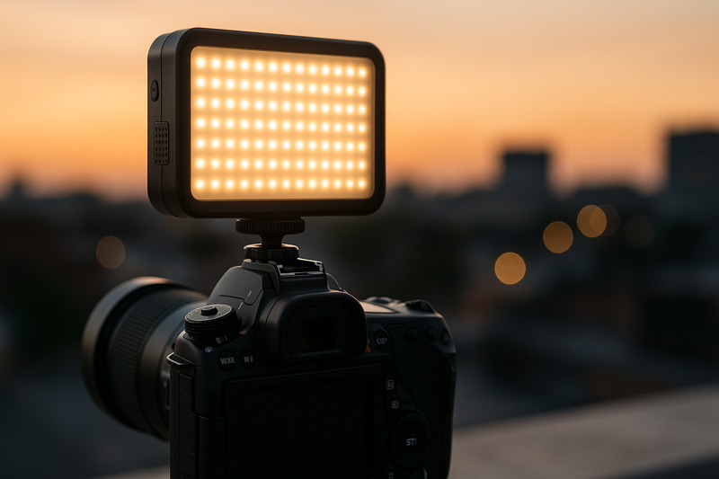 A portable, battery-powered LED light mounted on top of a camera for an on-location video shoot.