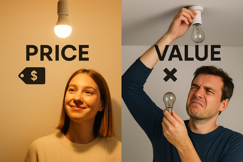 A split image: one side shows a happy customer under a quality light with a slightly higher price tag; the other shows a frustrated person changing a cheap, burnt-out bulb.
