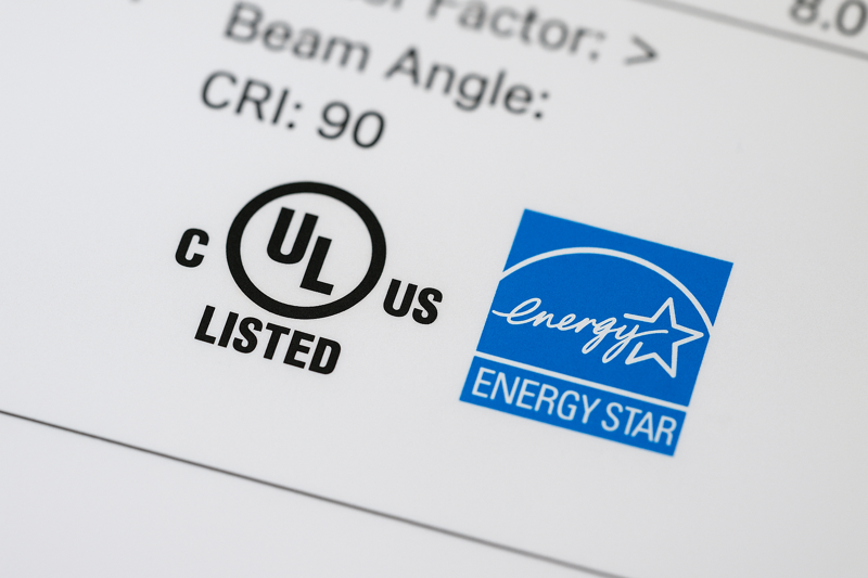 A close-up of a product specification sheet showing UL and Energy Star certification logos