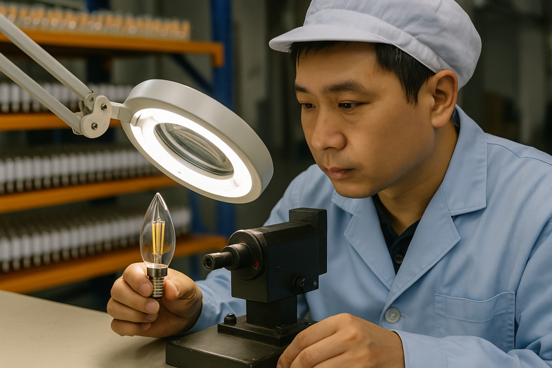 A quality control inspector at a lighting factory closely examining an LED candelabra bulb with specialized equipment.