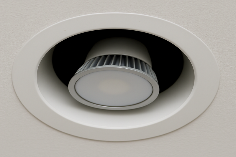 An LED bulb installed inside a recessed ceiling can light fixture.