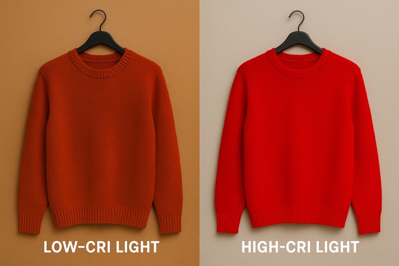 A side-by-side comparison of a red sweater under low-CRI light (dull orange) versus high-CRI light (vibrant red).
