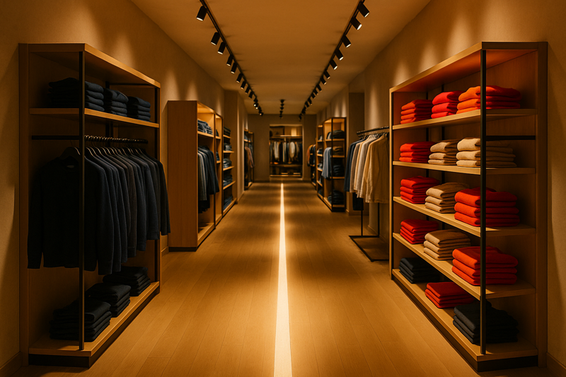 A retail aisle where a path of light on the floor and brightly lit endcaps guide customers toward the back of the store.