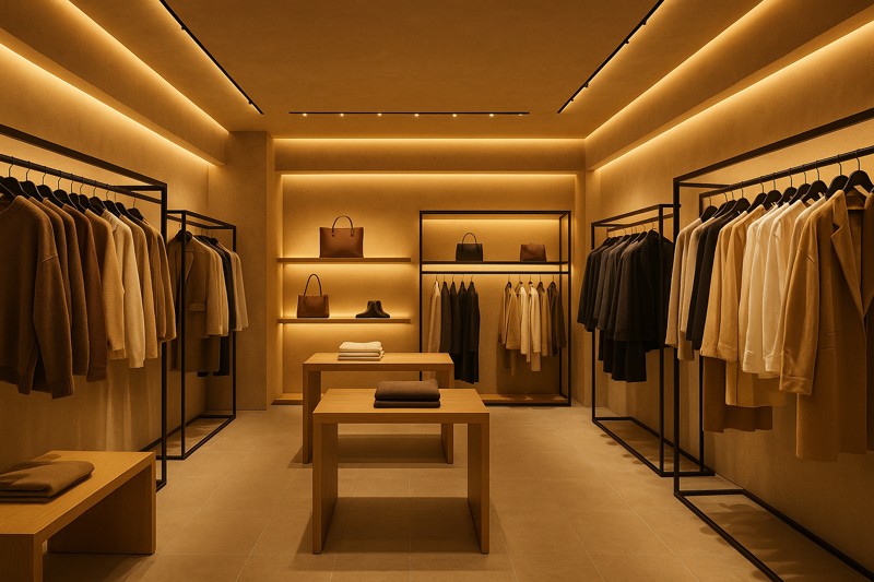 A modern retail store with warm, layered LED lighting highlighting clothing racks and displays.