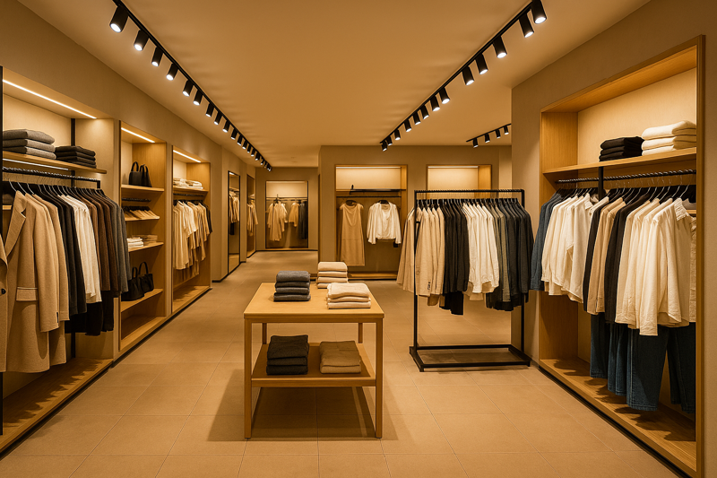 A modern retail store with bright, focused LED spotlights on merchandise and warm ambient lighting in the walkways