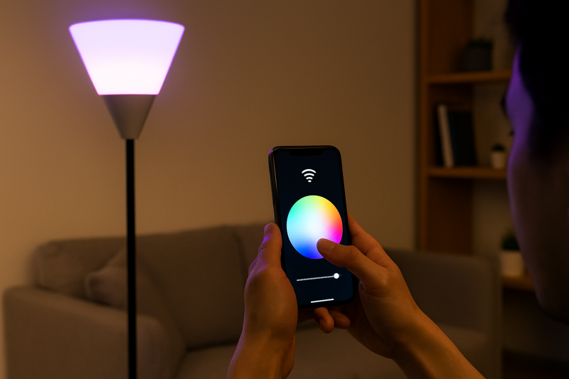 A person using a smartphone to change the color of a smart LED bulb in their living room.
