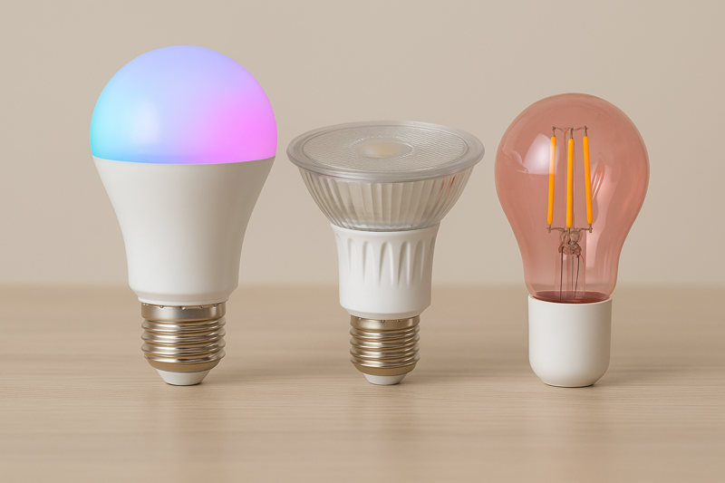 A collection of special function LED bulbs showing different colors and features