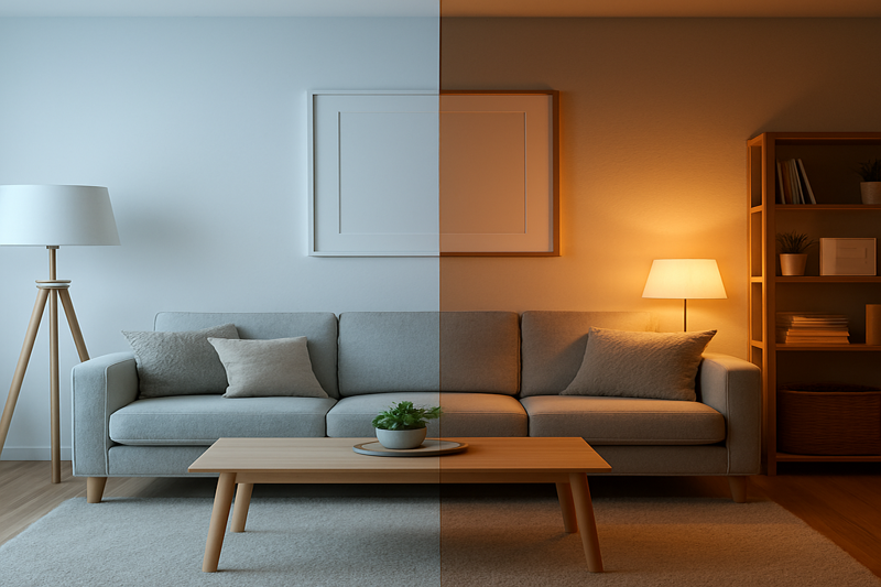 A split image showing the exact same room. On one side, it's lit with cool, bright, wall-washing light, making it look spacious. On the other, it's lit with warm, focused spotlights, making it look cozy and intimate