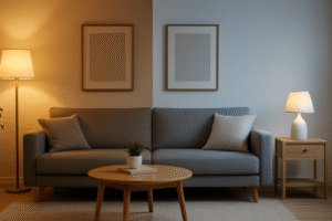 A split image showing the same room, with the left side lit by warm white light and the right side lit by cool white light