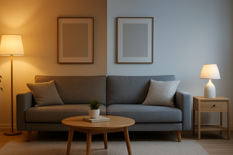 A split image showing the same room, with the left side lit by warm white light and the right side lit by cool white light