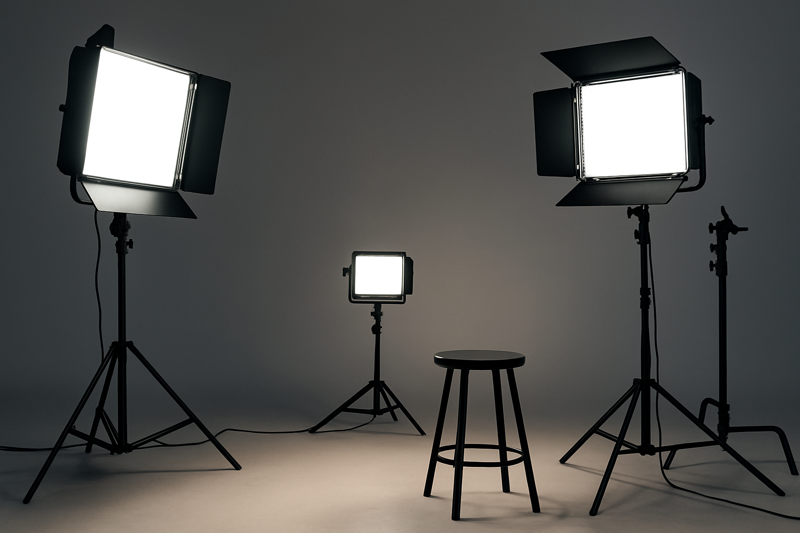 A professional photo studio scene with various LED panel lights set up to illuminate a subject