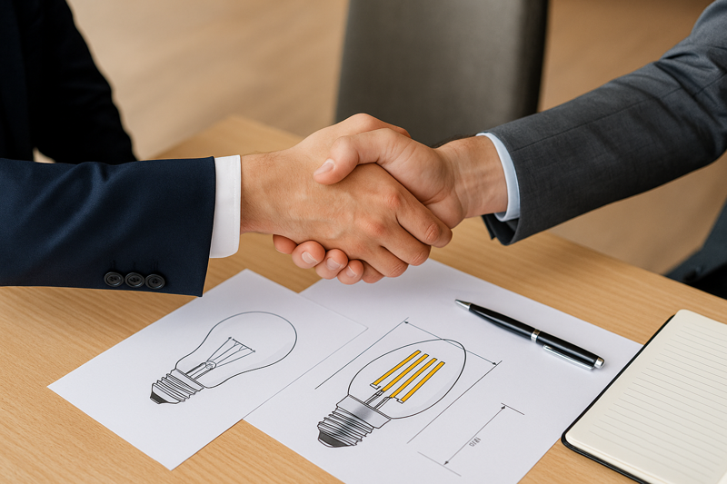 Two business people shaking hands across a table with bulb blueprints on it