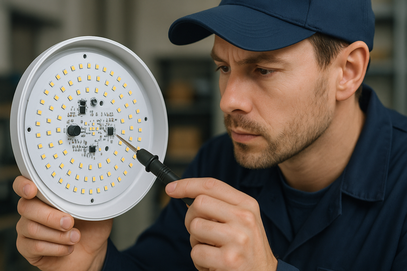 A technician inspecting the circuitry of an LED fixture.