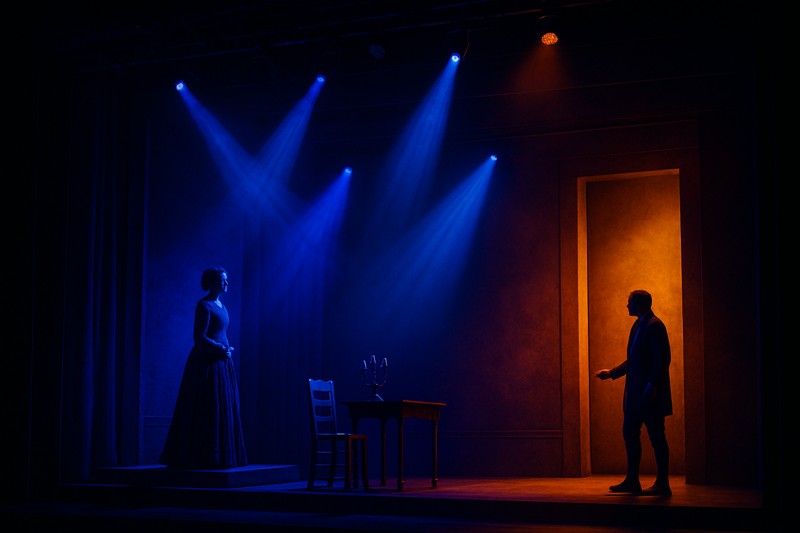 A theater stage with a dramatic scene lit in deep blues and warm amber tones from LED lights.