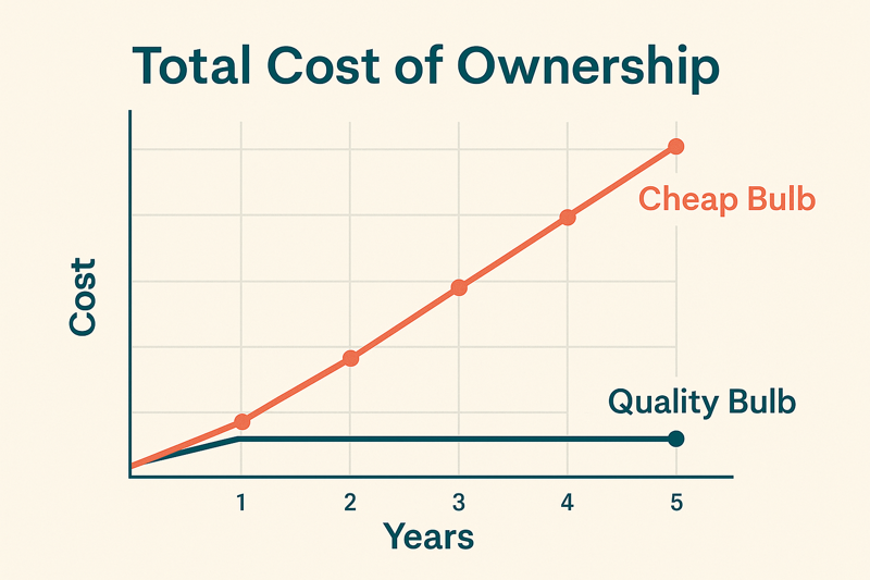 A chart showing the Total Cost of Ownership over five years, with the cheap bulb's cost line rising steeply due to replacements, while the quality bulb's line stays flat.