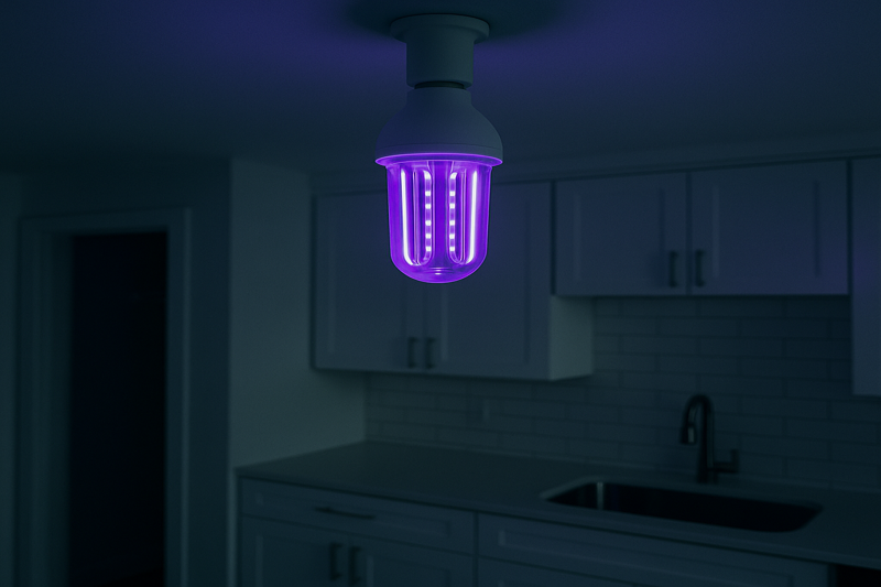 A UV-C LED bulb emitting a violet glow in an empty kitchen.
