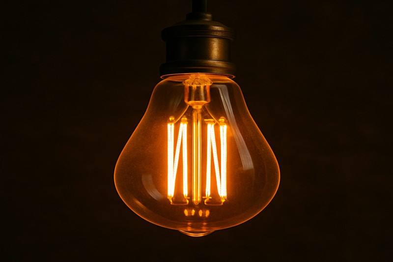 Close-up of a beautiful, vintage-style decorative LED filament bulb with a warm amber glow