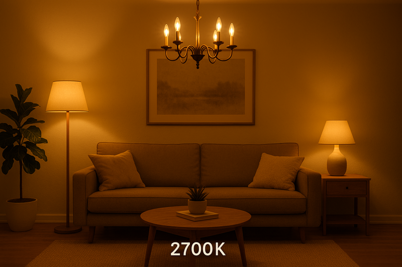 A beautifully decorated living room at night, bathed in the cozy, inviting glow of 2700K warm white chandelier bulbs
