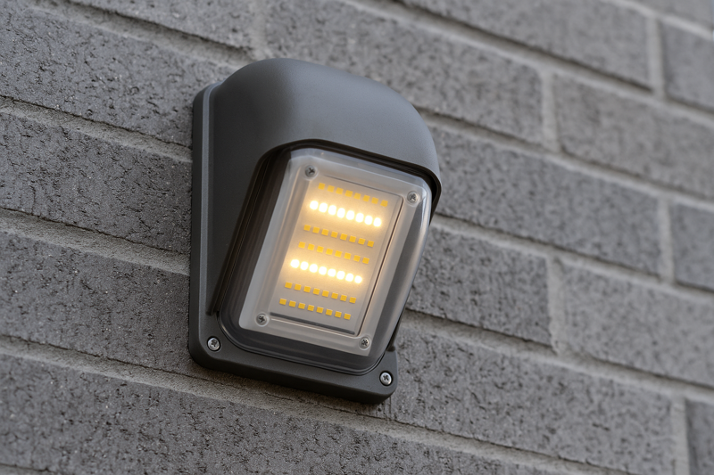 A weatherproof LED fixture installed on an exterior wall.