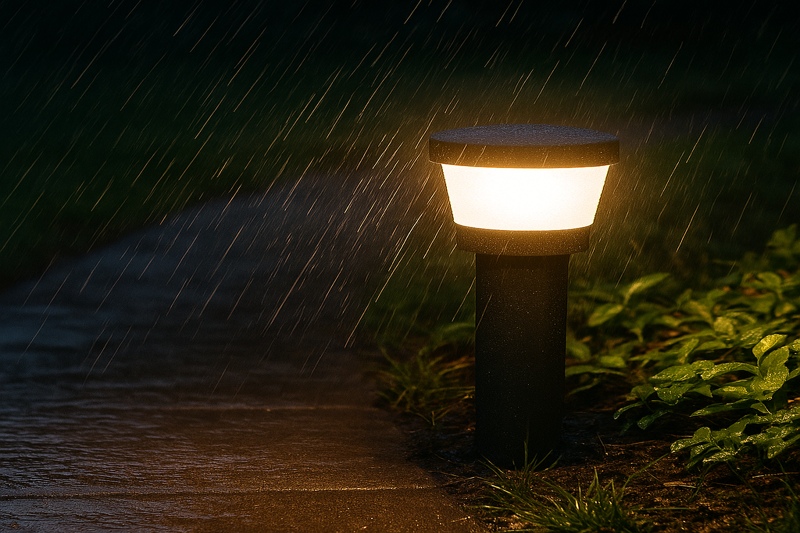 A durable outdoor LED light fixture brightly illuminating a garden path during a rainstorm.