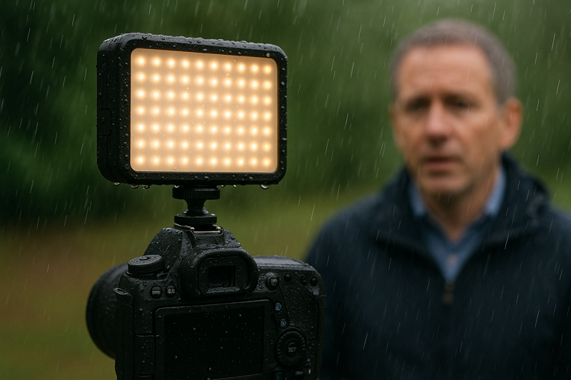 A weatherproof LED light being used to film an interview outdoors while it is lightly raining.