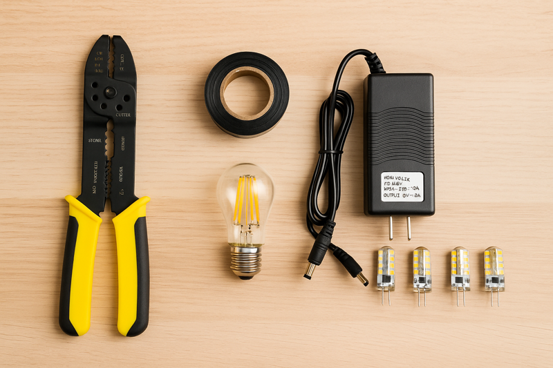 A clean, organized workspace showing basic electrical DIY tools: wire strippers, electrical tape, a low-voltage 12V power adapter, and some G4 LED bulbs, laid out safely.