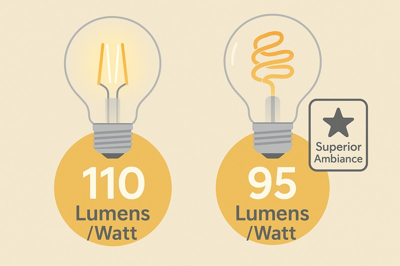 An infographic showing two bulbs. The straight filament bulb has a large "110 Lumens/Watt" label. The spiral filament bulb has a slightly smaller "95 Lumens/Watt" label, but also an icon indicating "Superior Ambiance."