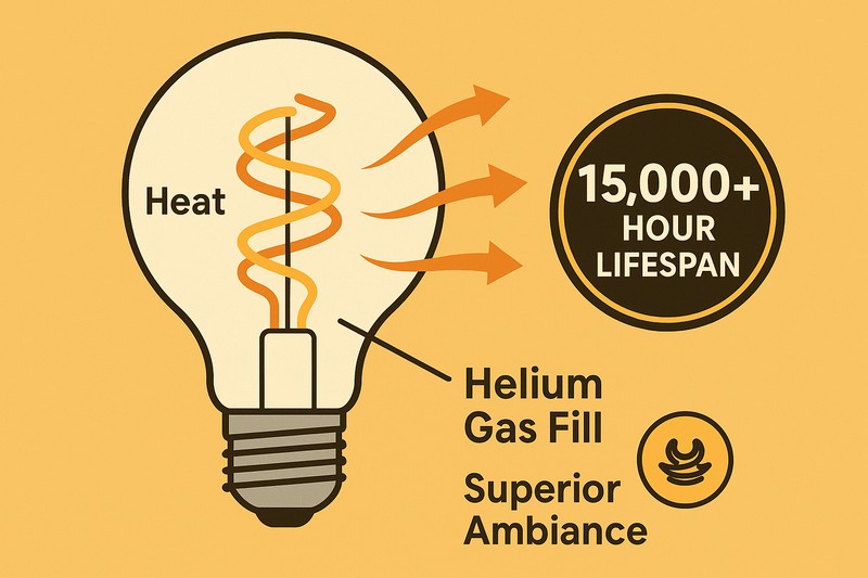 An infographic showing a cutaway of a spiral filament bulb. Arrows indicate heat moving from the filament, through the helium gas fill, to the outer glass surface where it dissipates into the air. A "15,000+ Hour Lifespan" badge is prominent.