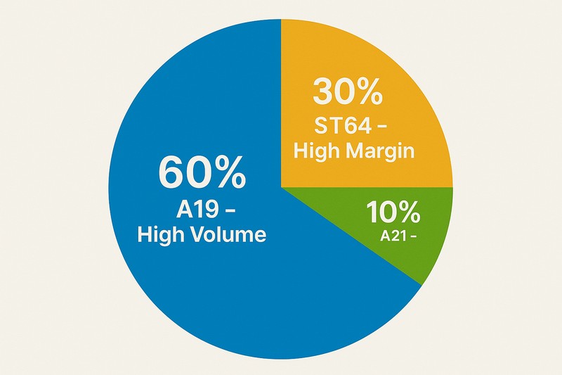 A simple pie chart representing inventory strategy. The largest slice (60%) is labeled "A19 - High Volume." A smaller slice (30%) is "ST64 - High Margin." The smallest slice (10%) is "A21 - Niche Market."
