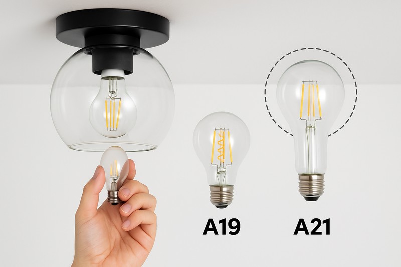 An image showing an A19 bulb fitting easily into a glass globe ceiling fixture, while a larger A21 bulb is shown next to it, clearly too big to fit through the opening of the fixture.